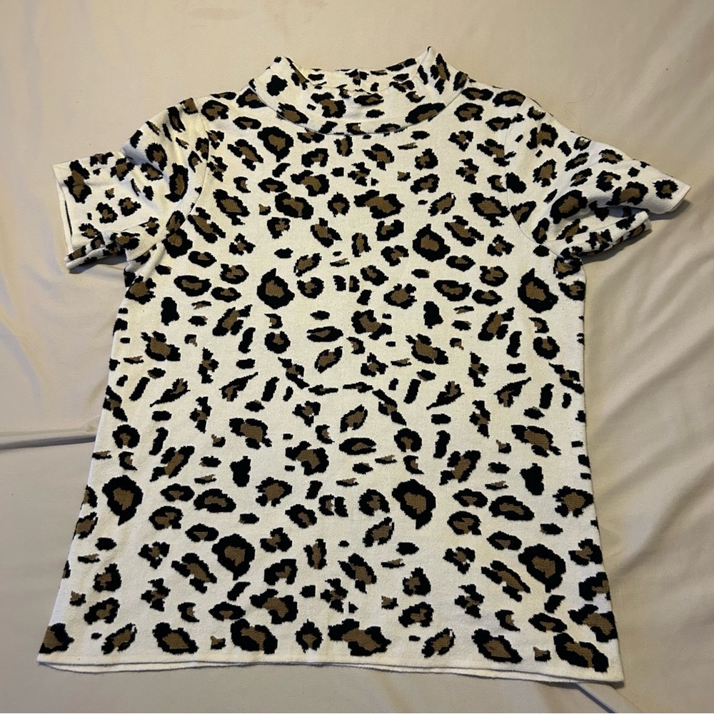 Anthropologie Leopard Mock Neck Top Textured Knit Tee Field Flower Sz S - Picture 2 of 7